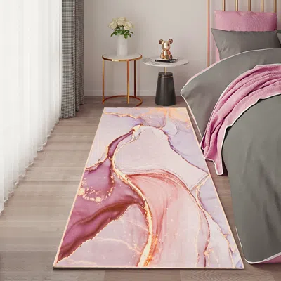 Homary 2' X 8' Pink And Gold Abstract Modern Runner Rug Kitchen & Hallway Carpet With Flowing Pattern