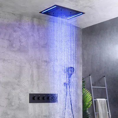 Homary 20" Ceiling Mounted Thermostatic Rainfall Shower System 4 Functions Led Light In Black In Blue