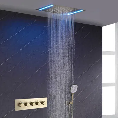 Homary 20" Led Rainfall Shower System In Brushed Gold With Multi-function Ceiling Showerhead In Blue