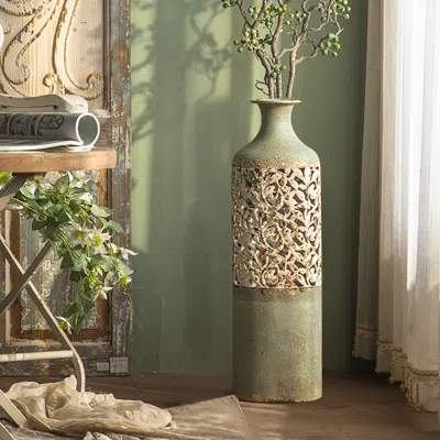 Homary 20.3" French Country Large Metal Floor Vase Tall Home Geometric Decor Art Green & White