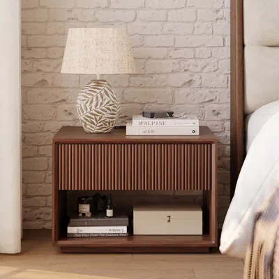 Homary 22" Walnut Floor Fluted Nightstand With Open Storage & Charging Station In Brown