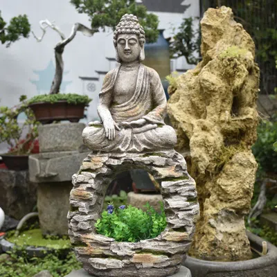 Homary 22.2" Garden Buddha Statue Outdoor Gray Resin Sculpture Decor Art Flower Pot Planter In Neutral