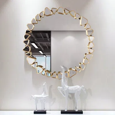 Homary 23.6" Modern Large Gold Round Pebble Wall Mirror Decor With Geometric Frame Living Room