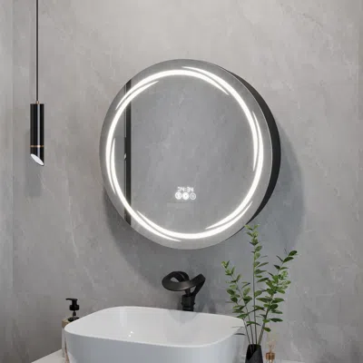 Homary 23.6" Round Led Medicine Cabinet With Storage, Anti-fog, Dimmable — Black In Green