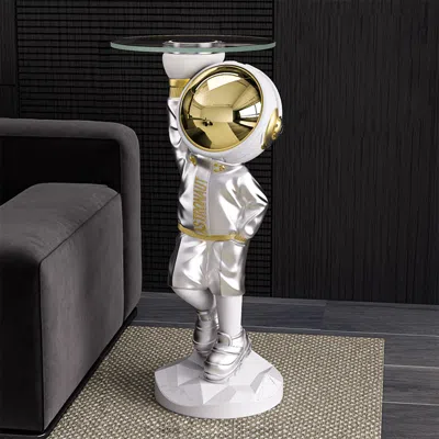 Homary 23.6" Silver Astronaut Floor Statue Sculpture Decor Art Side Table With Wireless Charger
