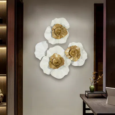 Homary 23.6" X 27.6" Modern Metal Flower Wall Decor Home Wall Art In Gold & White Living Room