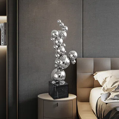 Homary 24" Modern Abstract Geometric Ball Sculpture Art Ornament Stainless Steel & Marble Decor In Silver