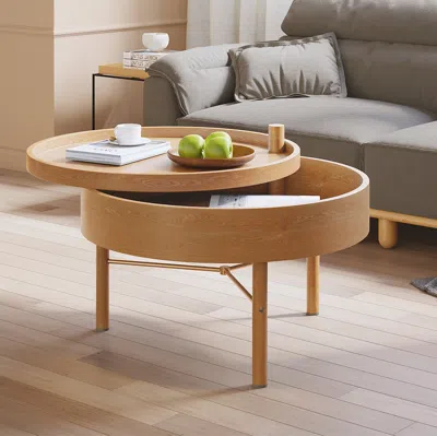 Homary 24" Round Rotating Tray Coffee Table With Storage & Metal Legs In Brown
