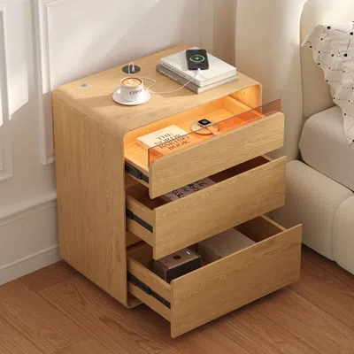 Homary 24" Wooden 3-drawer Smart Nightstand With Led Lighting & Charging Station Set Of 2 In Brown