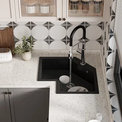 Homary 25" Black Drop In Corner Kitchen Sink Modern Single Bowl Quartz Irregular Sink