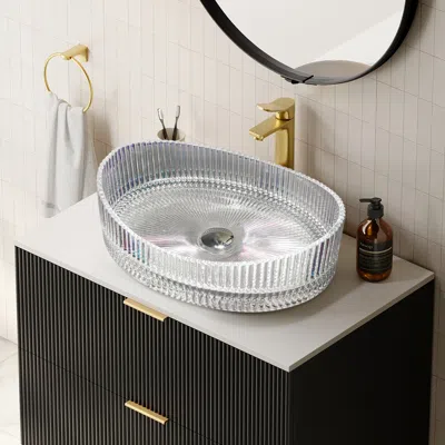 Homary 25" Crystal Glass Vessel Sink Oval Transparent Fluted Washbasin In Silver