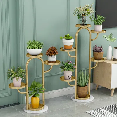 Homary 25"/37" Modern Tree-shaped 4/6-tiered Plant Stand In Gold (set Of 2) For Living Room
