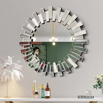 Homary 25.6" Modern Silver Round Sun Wall Mirror Decor Art With Geometric Frame Living Room In White