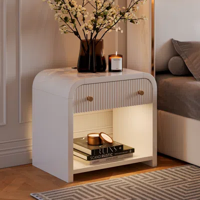 Homary 26" Fluted Wide Waterfall Nightstand With Charging Station & Light In Gray