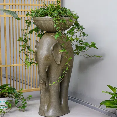 Homary 26" Outdoor Elephant Sculpture Resin Garden Statue Planter Bird Bath Figurine In Green In Brown