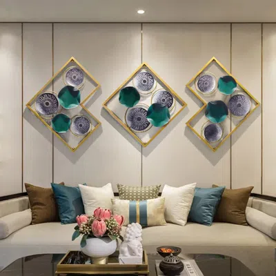 Homary 27.6" 3 Pieces Modern Unique Lotus Leaves Metal Wall Decor Set With Gold Square Frame In Multi