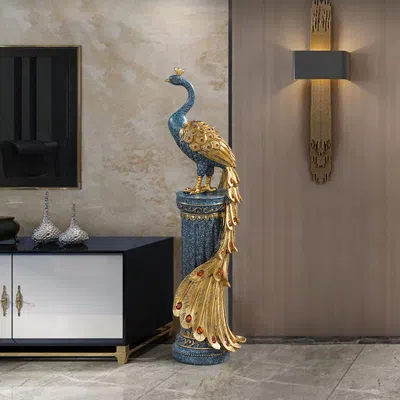Homary 27.6" Large Glam Peacock Floor Sculpture Decor Art Living Room Bedroom In Blue & Gold