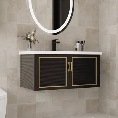Homary 27.9" Floating Bathroom Vanity Set Wall Mounted Black With Ceramic Sink & Cabinet