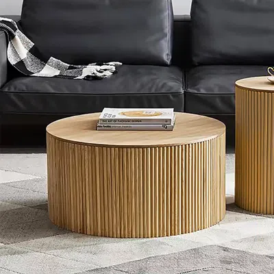 Homary 28" Japandi Round Wood Coffee Table With Storage In Natural In Multi