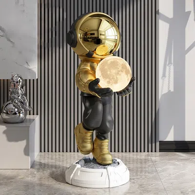 Homary 28.8" Astronaut Floor Sculpture Figurine Ornament Art Decor With Ball Lamp Usb Charging In Black