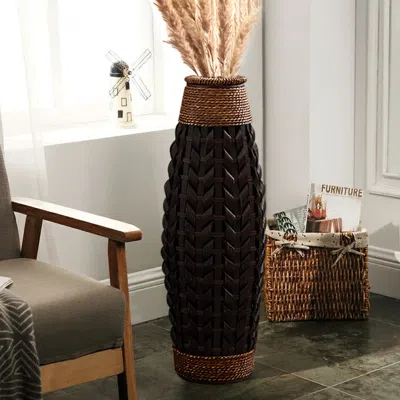 Homary 28.9" Rustic Tall Woven Bamboo Rattan Standing Floor Vase Decor Art Living Room In Black