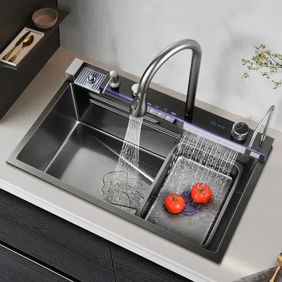 Homary 29" Black Drop-in Workstation Kitchen Sink With Faucet Single Bowl Stainless Steel In Gray