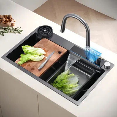 Homary 29" Drop-in Workstation Kitchen Sink With Pull-out Faucet & Waterfall Feature In Black