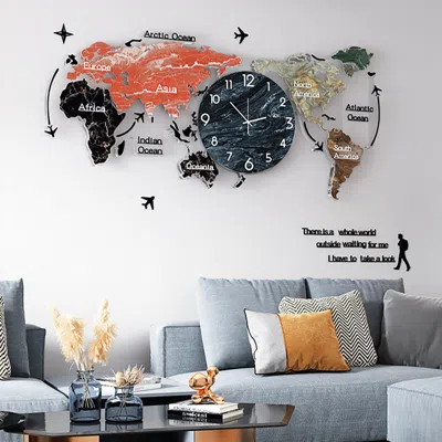Homary 29.1" X 13.4" Modern World Map Wall Clock Acrylic & Glass Home Decor Art Living Room In Blue