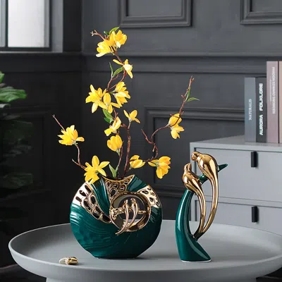 Homary 2pcs Modern Yellow Artificial Flower Arrangement In Green Ceramic Magpie Vase Home Decor