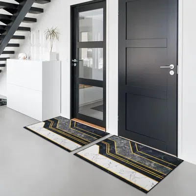 Homary 2pcs Morden Geometry Marble Non-slip Front Door Mat Washable Entryway Rug Set In Black