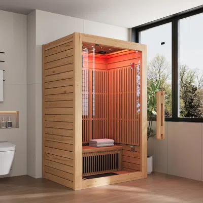 Homary 2-person Indoor Infrared Sauna Room With Vertical Grille Decor, Led Mood Lighting, Bluetooth Speaker In Brown