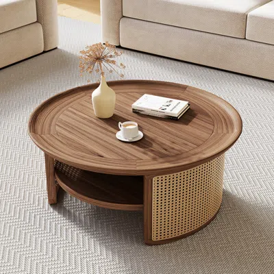 Homary 2-tiered Japandi Round  Walnut Wood Coffee Table With Storage Rattan Base In Brown