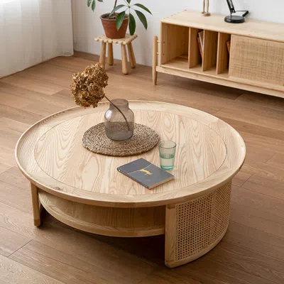 Homary 2-tiered Japandi Round Wood Coffee Table With Rattan Base In Neutral