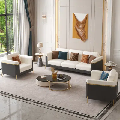 Homary 3 Pcs Vertex Sofa Set With Chair Modern Beige Living Room Sofa Set With Cushion In White