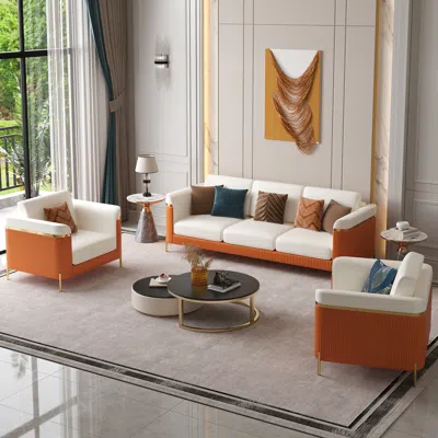 Homary 3 Pcs Vertex Sofa Set With Chair Modern Living Room Sofa Set With Cushion In Orange
