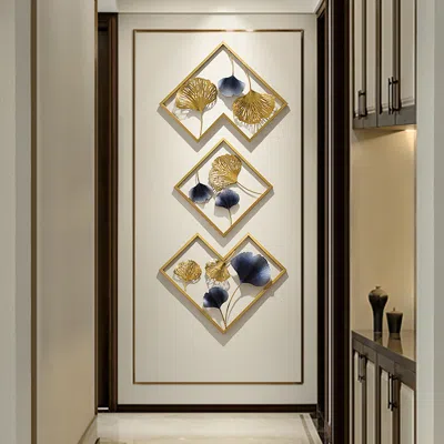 Homary 3 Pieces Ginkgo Leaves Wall Decor In Metal With Geometric Frame 67.6"w X 27.6"h In White