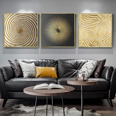 Homary 3 Pieces Glam Square Wall Decor Set Canvas Abstract Art With Frame In Gold & Black