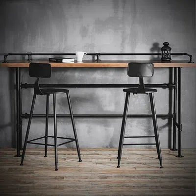 Homary 3 Pieces Industarial High Natural Bar Table Set With Stools With Metal Legs In Black