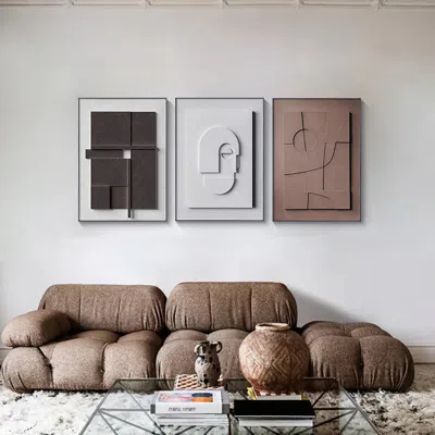 Homary 3 Pieces Japandi Geometric Canvas Wall Art Painting Wall Decor Set With Rectangle Frame In Multi