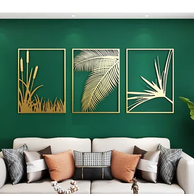 Homary 3 Pieces Metal Wall Decor Modern Gold  Palm Leaves Art With Rectangle Frame 1200mmw*530mmh In Green
