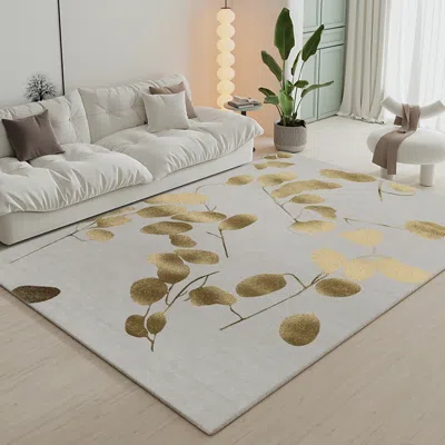 Homary 3' X 5' Modern Rectangle Area Rug With Gold Leaves Patter Nylon Rug In White