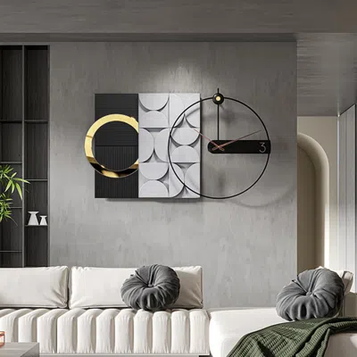 Homary 30" Large Metal Geometric Wall Clock With Wood Pointer Modern Home Decor Black & Gray In Multi
