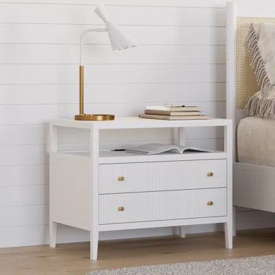 Homary 30" Wide Long Modern Smart Nightstand Fluted Bedside Table With 2 Drawers & Charging Station In Gold In White