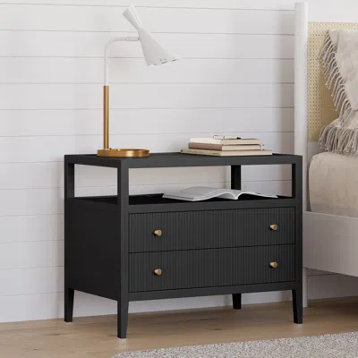 Homary 30" Wide Long Modern Smart Nightstand Fluted Bedside Table With 2 Drawers & Charging Station In Gold In Black