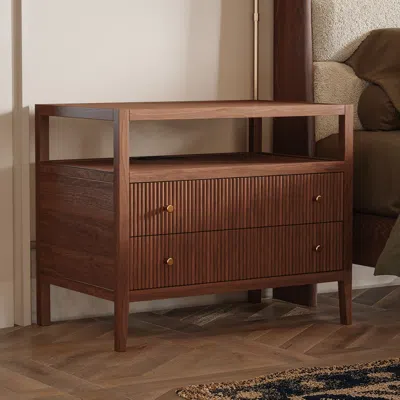 Homary 30" Wide Long Modern Smart Nightstand Fluted Bedside Table With 2 Drawers & Charging Station In Gold In Brown