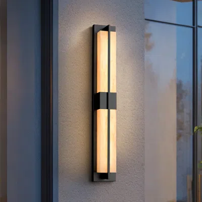 Homary 31" Outdoor Wall Light With Matte Black Iron Frame & Beige Marble-effect Acrylic Shade