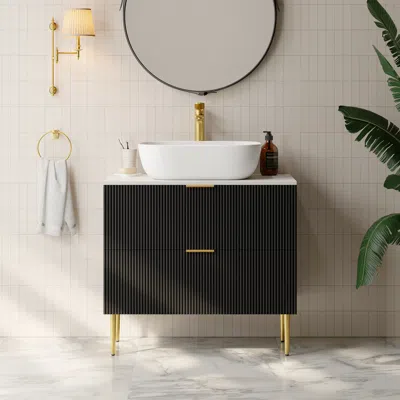 Homary 31.5'' Black Single Fluted Bathroom Vanity With Vessel Sink And 2 Drawers