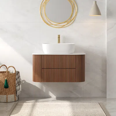 Homary 31.5" Floating Fluted Wall Mounted Bathroom Vanity Set Cultured Marble Top With Vessel Single Sink & In Brown
