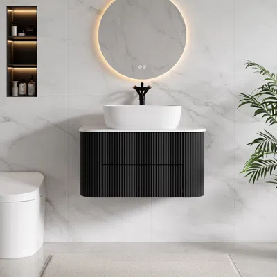 Homary 31.5" Floating Fluted Wall Mounted Bathroom Vanity Set Cultured Marble Top With Vessel Single Sink & In Black
