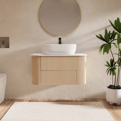 Homary 31.5" Floating Fluted Wall Mounted Bathroom Vanity Set Cultured Marble Top With Vessel Single Sink & In Neutral